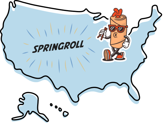 Illustrated map of the United States with the Springroll character on top